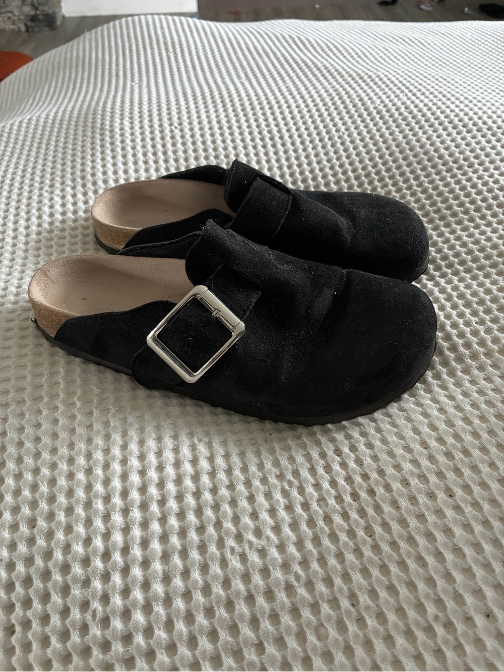 Madden Girl Black Suede Slip-On Clogs with Silver Buckle